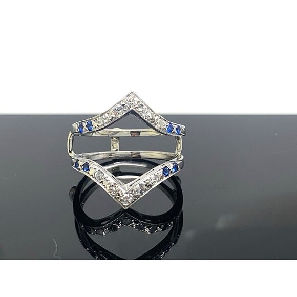 Engagement Ring Guard 14k White Gold Diamond Blue Gemstone Wedding Band Size 5.5 - Picture 1 of 15